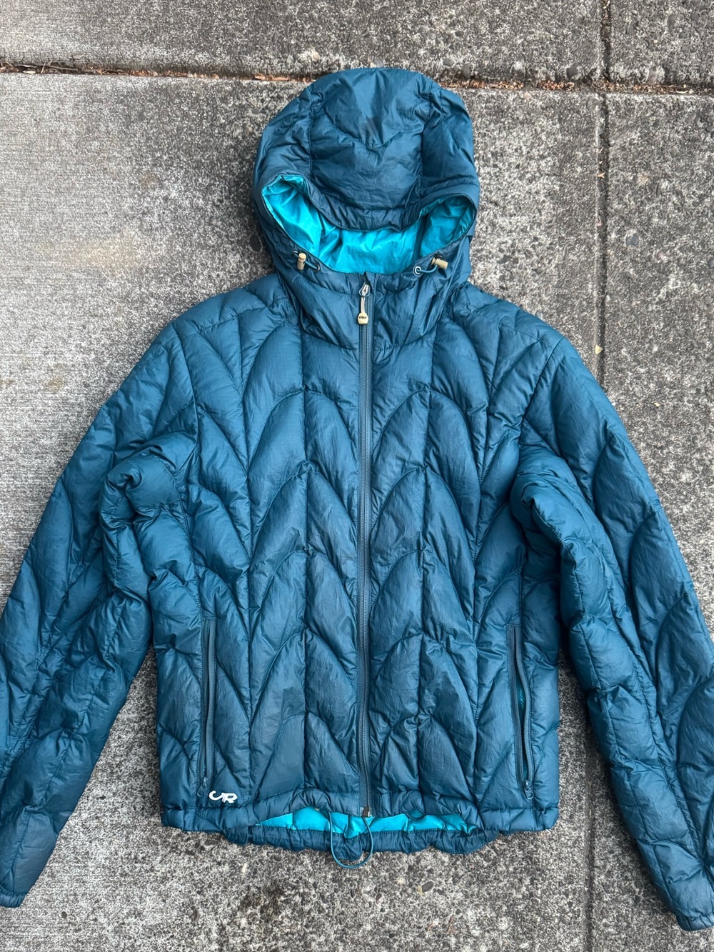 Outdoor Research Women's Medium Aria Down Puffy Hoody Jacket Teal Quilted
